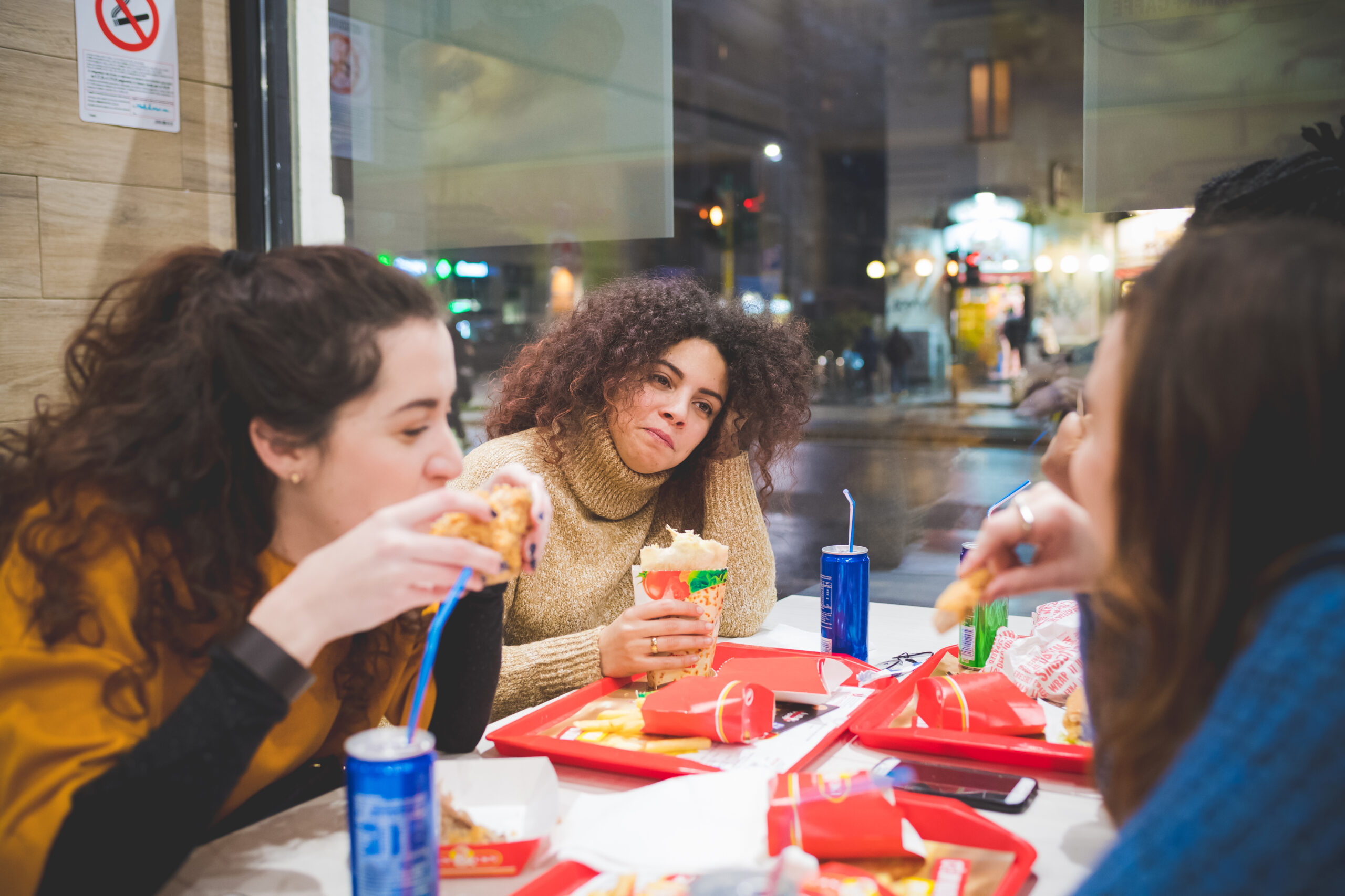 group of young girlfriends having dinner in fast food – hungry, union, relaxing